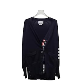 Cárdigan de algodón con cuello en V y mangas diagonales azul marino - Thom Browne
