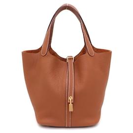 Bolso Tote Lock Picotin Camel con herrajes Gold en cuero Taurillon Clemence - Hermès