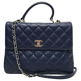 Chanel Borsa a mano con manico superiore Trendy CC Large in agnello blu navy e oro champagne