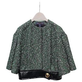Louis Vuitton Grüne Bouclé-Jacke mit goldenem Druckknopfverschluss