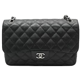 Chanel Borsa a Spalla Classic Jumbo Large Silver-Tone Black Caviar