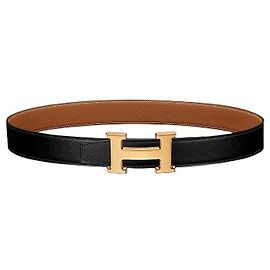 Hermès Buckle Reversible Belt Black Gold Matte Finish Men's Leather