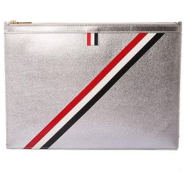 Thom Browne Metallic Silber Clutch mit drei Streifen Medium