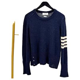 Strickpullover aus Wolle mit Rundhalsausschnitt und diagonalen Streifen in Navy - Thom Browne