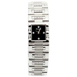 Piaget Goldarmbanduhr Kleine Weißgold-Schmuckuhr Onyx Diamantlünette Nachfassung