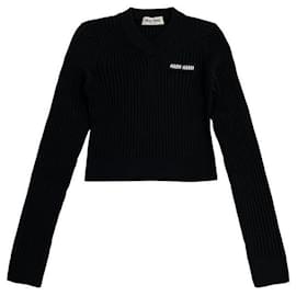 Crop top in maglia a coste con logo scollo a V nero - Miu Miu