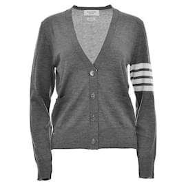 Cardigan de lã com decote em V diagonal Mad Gray - Thom Browne