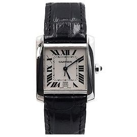Cartier Tank Française Herrenuhr aus Weißgold mit breitem Lederarmband