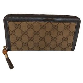 Gucci Fabric Bamboo Jacquard GG Ebony Zip Long Wallet Gippy Wallet