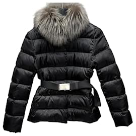 Fox Fur Trim Belt Logo Short Padded Jacket - Prada