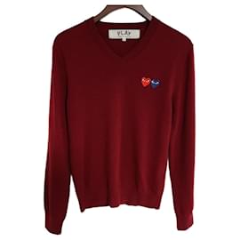 Burgunderfarbener V-Ausschnitt Strickpullover für Herren mit Doppelpatch - Comme Des Garcons
