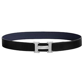 Hermès Reversible Leather Belt with Buckle Black Navy Silver Matte