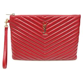 Clutch de Tablet para Nueva Tamaño Mediano en Piel de Vitela Acolchada Roja con Monograma Dorado - Saint Laurent