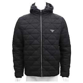 Nylon Diamond Quilted Black Men's Hooded Jacket Padding - Prada