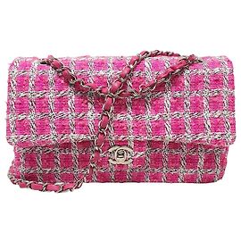 Chanel Borsa a tracolla con catena media classica in tweed rosa e argento