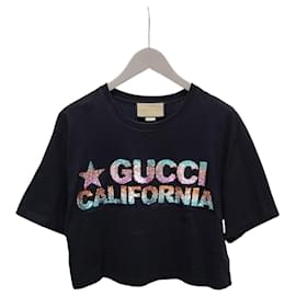 Kurzes T-Shirt aus schwarzem Baumwolljersey mit Pailletten-Logo - Gucci