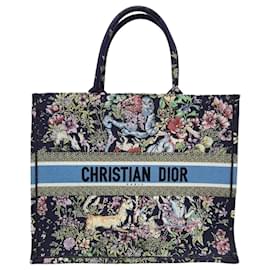 Große Book Tote Tasche Marineblau mit Logo und mehrfarbiger Blumenstickerei - Dior
