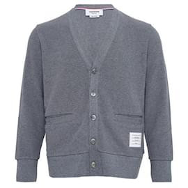 Thom Browne Strickjacke aus strukturierter Baumwolle mit V-Ausschnitt und Intarsienbesatz