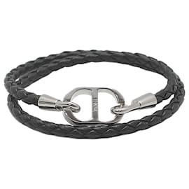 Bracciale a doppio cinturino in pelle intrecciata con icona CD nero e argento - Dior