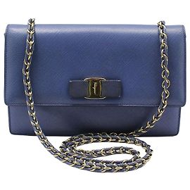 Salvatore Ferragamo Bolso bandolera Blue Leather Gold Baragini Chain Crossbody Bag