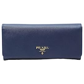 Cartera Larga de Saffiano Azul con Logo Dorado - Prada
