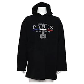 Balenciaga Oversized Fleece-Hoodie aus schwarzer Baumwolle mit Paris Stickerei-Logo
