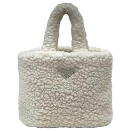Borsa Tote Triangle Logo in lana, cashmere e shearling, Avorio - Prada