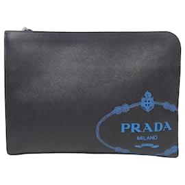 Valigetta da Viaggio Clutch in Saffiano Nero con Logo Blu - Prada