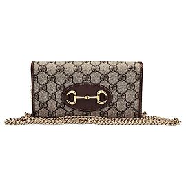 Gucci Portafoglio lungo a tracolla GG Supreme Canvas con bordi in pelle marrone e catena Horsebit