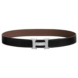 Hermès Cintura reversibile in pelle nera e cioccolato da uomo con fibbia argentata opaca