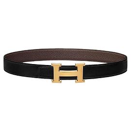 Hermès Cintura reversibile da uomo in pelle nera e cioccolato con fibbia oro opaco