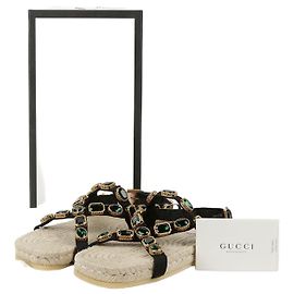 Gucci Schwarze Espadrille-Sandalen aus Grosgrain mit Kristallen