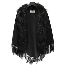 Schwarzer Woll-Kaschmir-Poncho-Cape mit Fuchsfell - Fendi