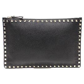 Valentino Stampex Alce Clutch aus schwarzem Kalbsleder mit Gold Lockstud-Verschluss