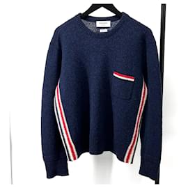 Shetland Crewneck Strickpullover mit drei Streifen Navy - Thom Browne
