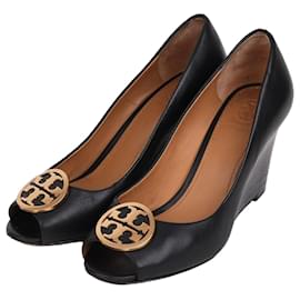 Sandálias de bico aberto em couro preto para mulher - Tory Burch