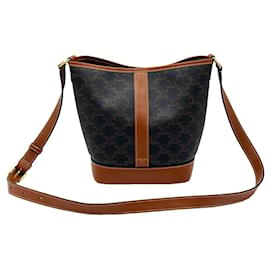 Piccola borsa a tracolla in tela Triomphe e pelle di vitello marrone - Céline
