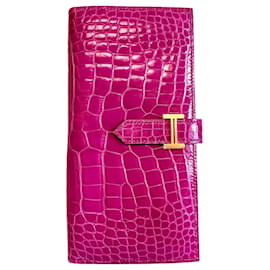 Hermès Langer Krokodil-Geldbörse Wani Vein Gold glänzend