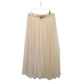Louis Vuitton Falda maxi de seda beige con cinturón y mules