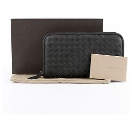 Bottega Veneta Dark Gray Leather Intrecciato Zipped Long Wallet