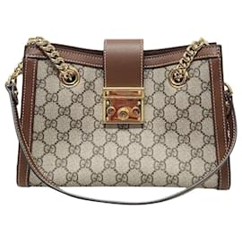 Borsa a tracolla GG Supreme Marrone con catena con lucchetto - Gucci