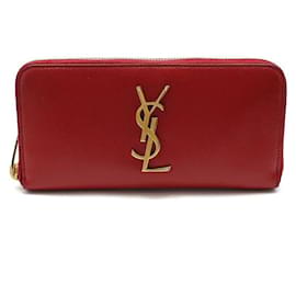 Saint Laurent Cartera larga con cremallera en caviar rojo y monograma dorado