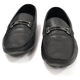 Mocassins de conduite pour hommes en cuir Saffiano noir avec lettrage argenté - Prada