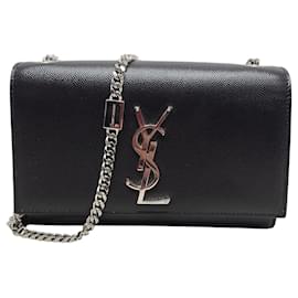 Saint Laurent Borsa Kate piccola in pelle Grande Poudre nera con finiture argentate