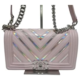 Chanel Bolsa Boy Chevron Prata Série Bolsa de Ombro Medium