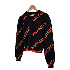 Kurzes Damen-Strickpullover aus Wolle mit Multi-Logo-Jacquard Orange Schwarz - Balenciaga