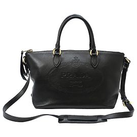 Prada Black Grace Calfskin Embossed Logo Gold-Plated Shoulder Bag