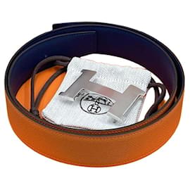 Hermès Cintura reversibile da uomo Blu navy/Arancione Argento