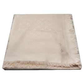 Louis Vuitton Sciarpa in lana e seta con monogramma beige e frange