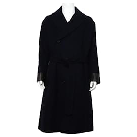 Abrigo largo doble para hombre de lana azul marino con forro de piel de cordero negro - Hermès
